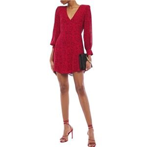 Alice + Olivia Polly Red Leopard Print V-Neck Mini Dress Long Sleeve‎ Size 4